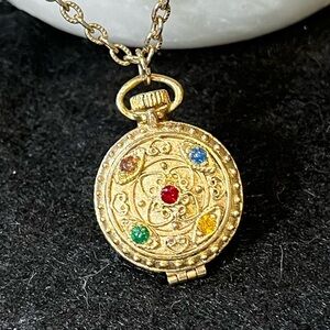 Vintage Perfume Locket Pocket Watch Style Necklace Gold Tone with Gem Accents